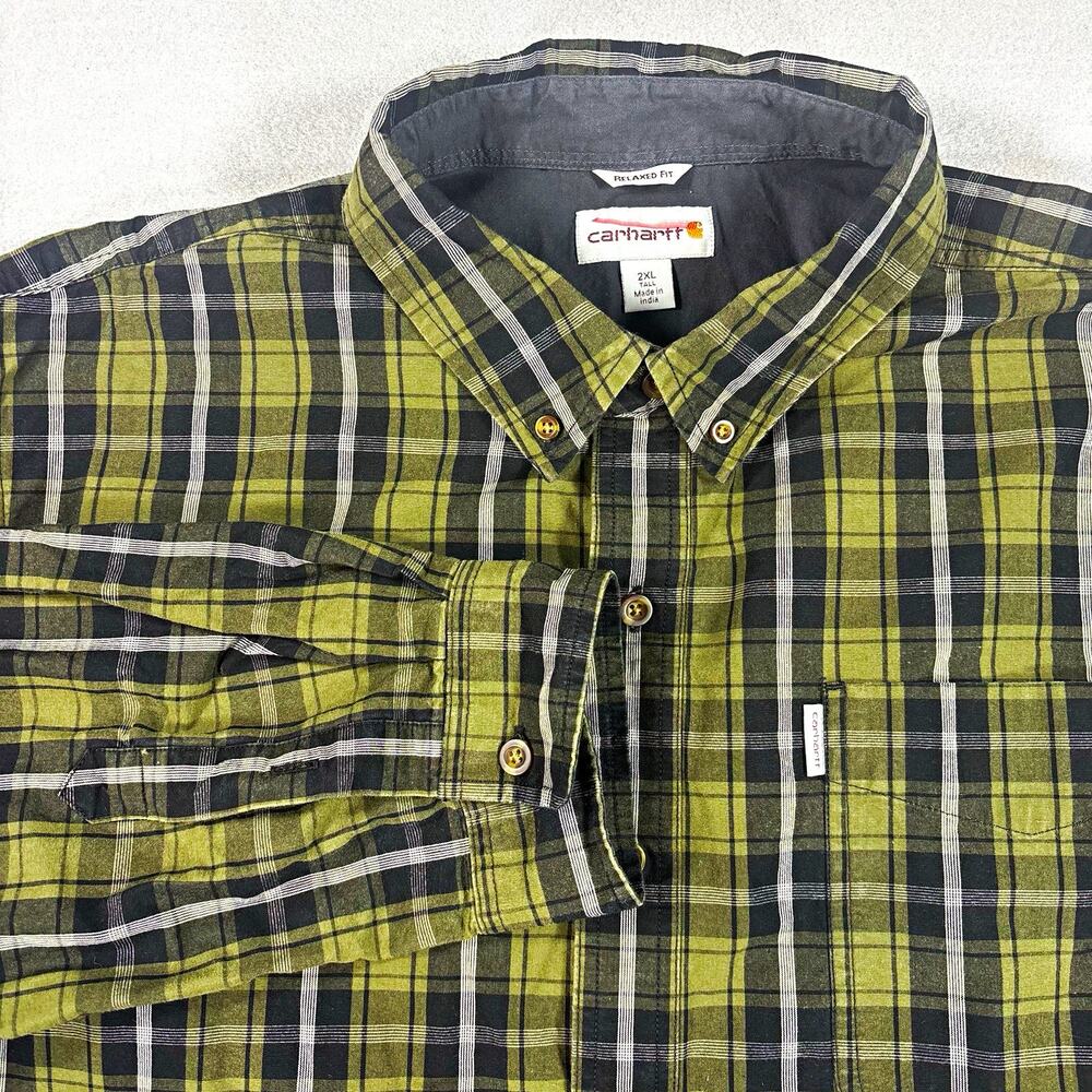 Carhartt Relaxed Fit Men’s 2XL Tall Plaid Long Sleeve Button Down Green Black